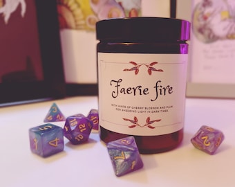 Faerie Fire - Cherry Blossom and Plum scented soy candle in amber jar, RPG Dungeons and Dragons scented candle
