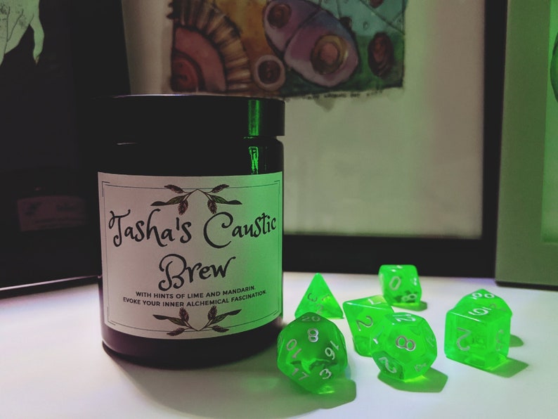 Tasha's Caustic Brew Lime, Basil and Mandarin scented soy candle in amber jar, RPG Dungeons and Dragons scented candle image 1