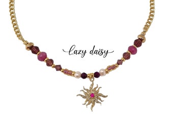 Natural Ruby Gemstone Necklace | Natural pearl Choker| Pink Crystal Purple Beads | 18k gold plated | Gold Sun Flower |