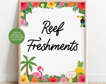 Reef Freshments Sign, Printable Luau Party Signs, Digital Download
