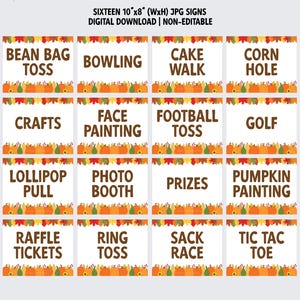 May include: Sixteen white signs, each 25cm x 20cm, with game titles such as "Bowling" and "Corn Hole." The signs feature a decorative border of pumpkins and leaves. The text reads "Digital Download | Non-Editable."