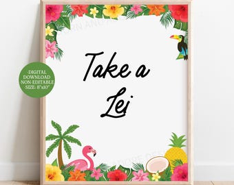 Peut inclure: Une affiche encadrée sur le thème tropical. Le fond blanc porte l'inscription "Take a Lei" en noir. Le cadre est orné de fleurs colorées, d'un toucan, d'un flamant rose, d'un ananas et d'une noix de coco. Dimensions : 20,3 cm x 25,4 cm.