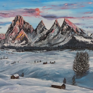 Handmade Large Painting Snow, Dolomites, Italy, House