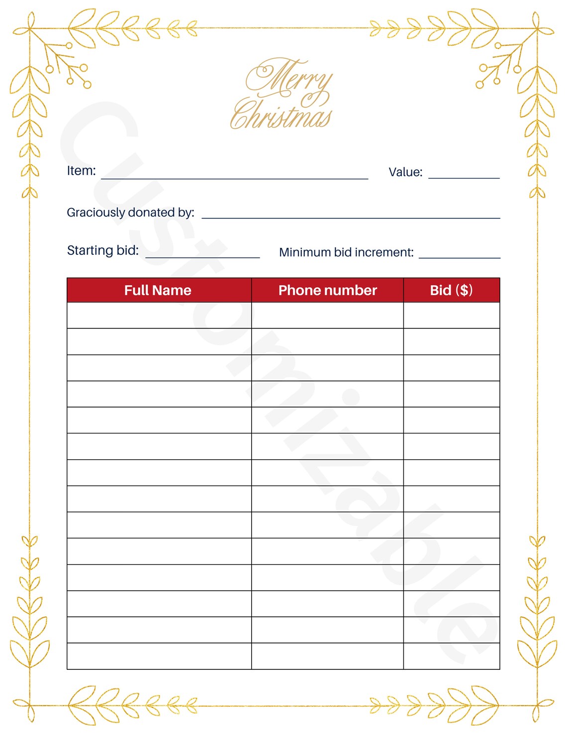 Silent Auction Bid Sheet Template Christmas Silent Auction Etsy