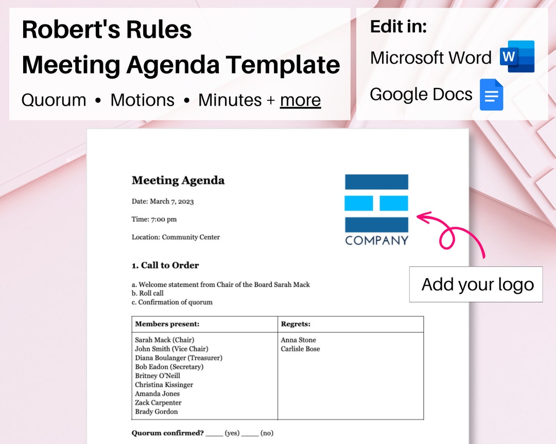 Meeting Agenda Templates for Robert's Rules of Order – BoardEffect