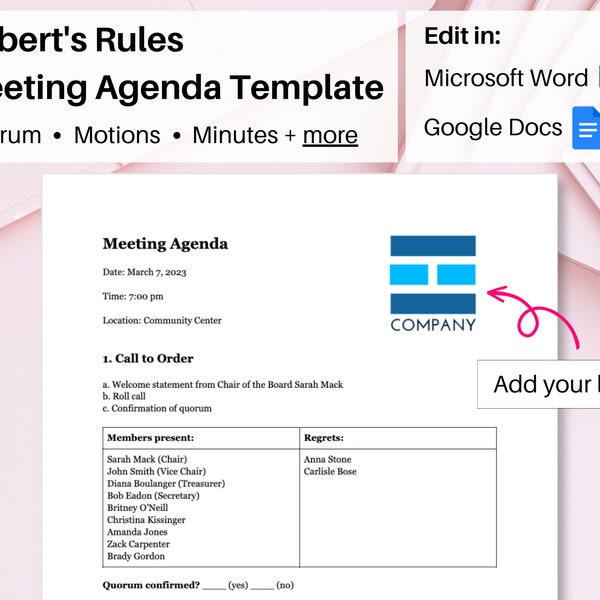 Robert's Rules Agenda Template in Word and Google Docs - Editable Meeting Agenda for Board Meetings, Non-Profits, HOA, etc.