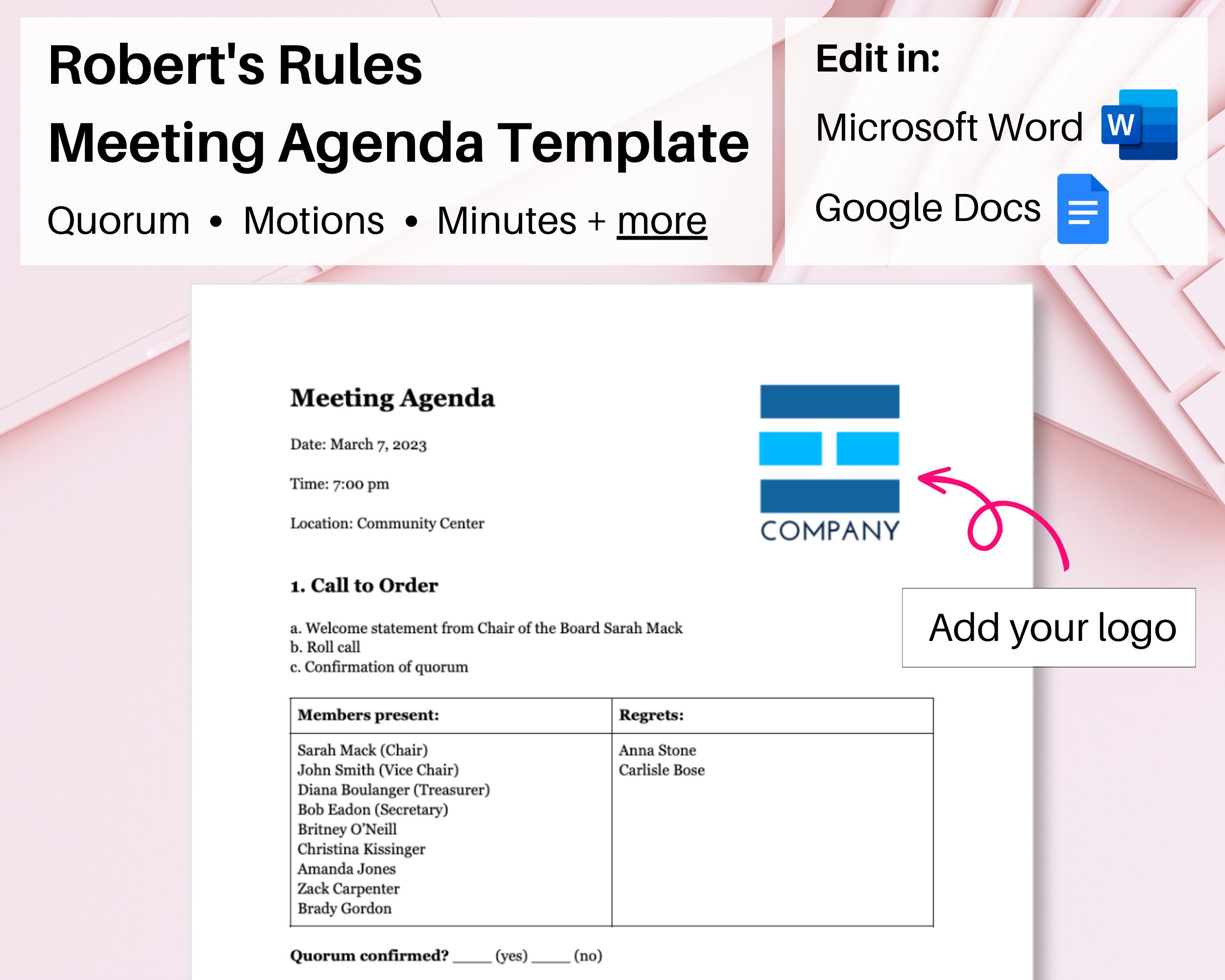 Robert s Rules Agenda Template In Word And Google Docs Editable Meeting