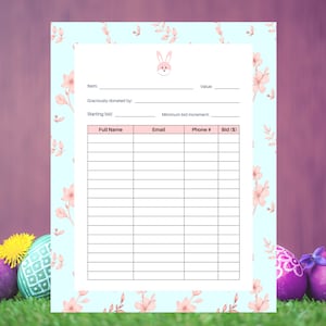 Silent Auction Bid Sheet Template - Easter Pastel Theme with Easter Bunny