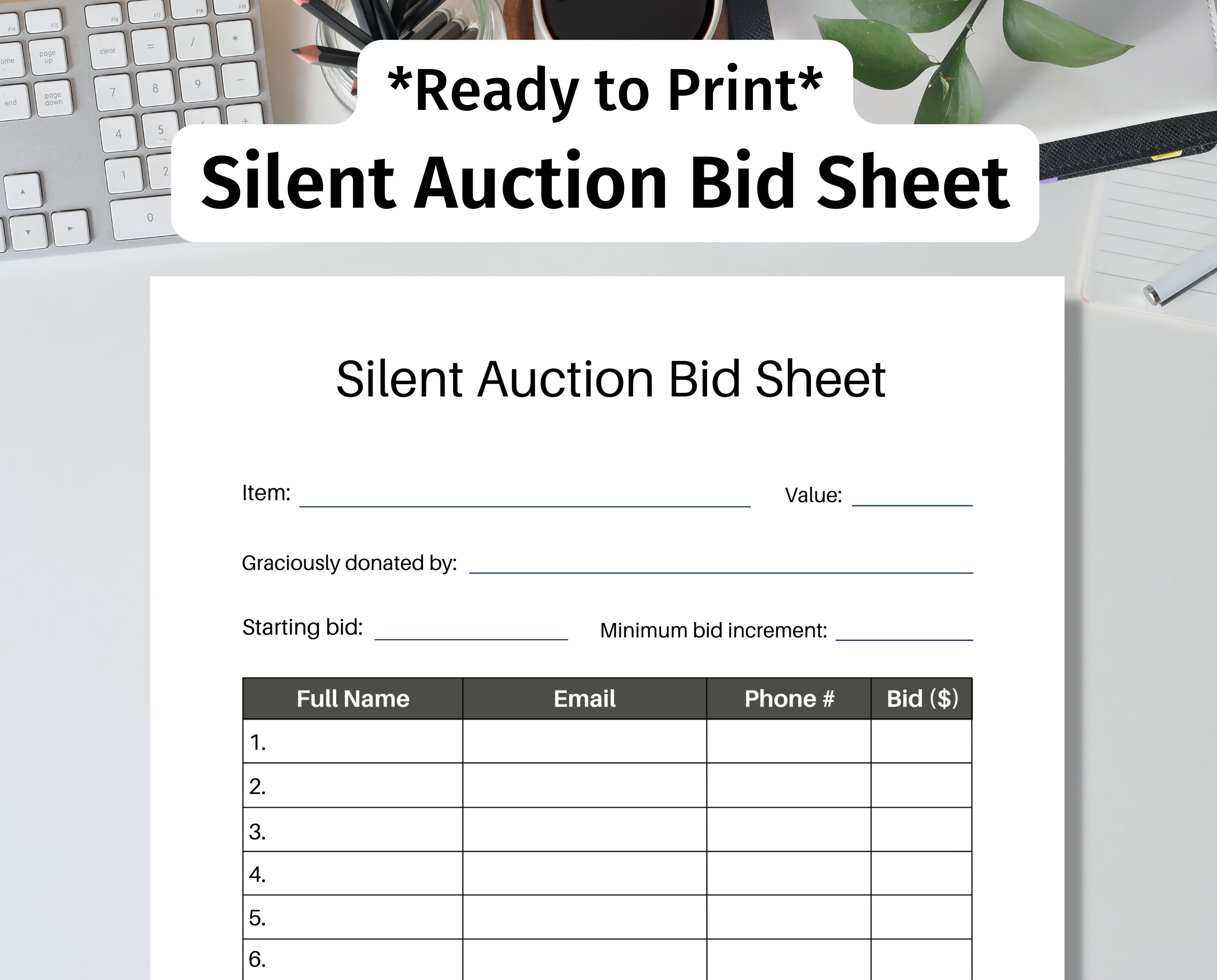 Silent Auction Bid Sheet Ready to Print PDF Black Ink Only - Etsy Israel