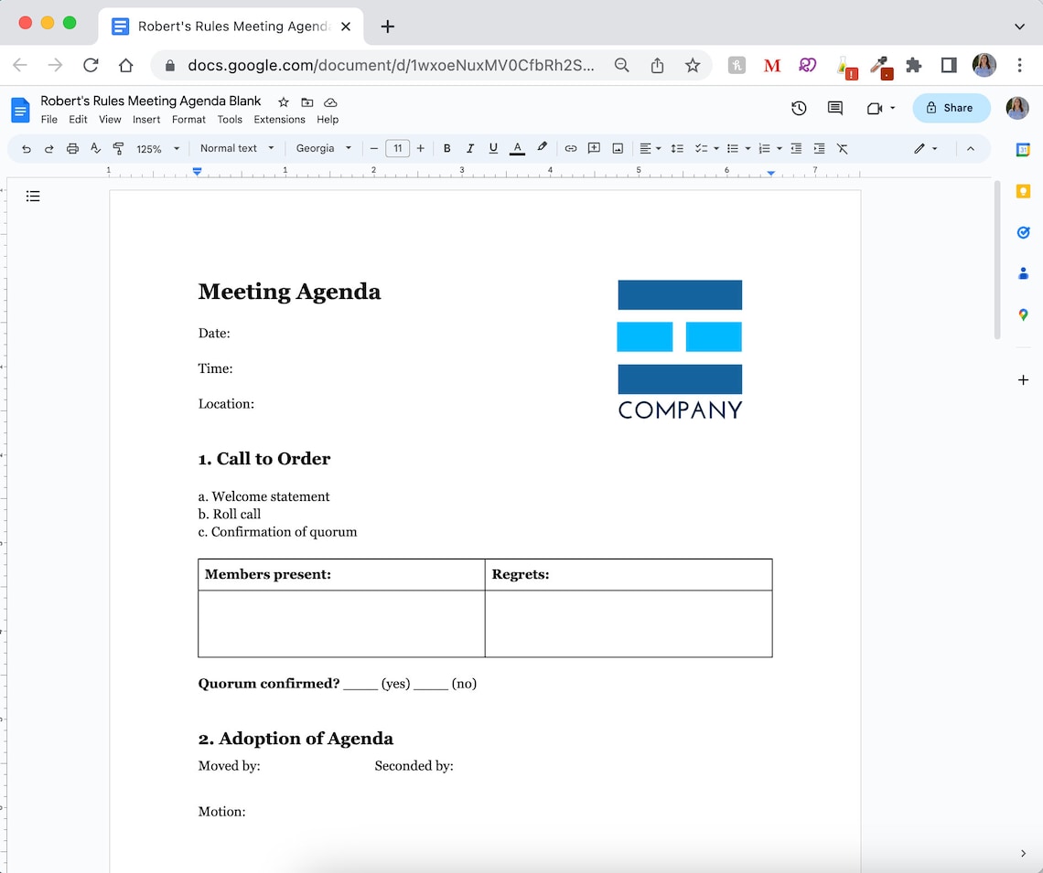 Robert's Rules Agenda Template in Word and Google Docs Editable Meeting Robert's Rules Agenda Template in Word and Google Docs Editable Meeting
