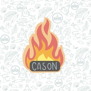 May include: A yellow, orange, and red flame graphic with the word "CASON" in a black rectangle on a white background with a pattern of seashells, palm leaves, and other beach-themed illustrations.