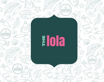 May include: A teal green square with rounded corners and a pink text overlay that reads "THE lola" against a white background with a repeating pattern of various seaside and baking-themed illustrations.