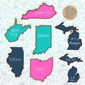 May include: A white background with a pattern of kitchen utensils and floral designs. The image features colourful outlines of the states of Kentucky, West Virginia, Indiana, Illinois, Ohio, and Michigan, with text labels.