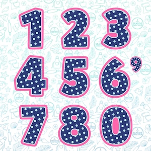 May include: A collection of numbers 0-9, each with a navy blue polka dot pattern and a pink outline. The numbers are set against a white background with a repeating pattern of baking-related illustrations and the text "SEASIDE SWEET SHOP".