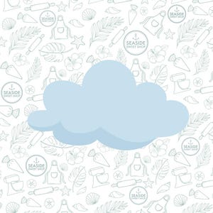 Può includere: Una forma di nuvola di colore azzurro chiaro su uno sfondo bianco con un motivo ripetitivo di illustrazioni a tema pasticceria e spiaggia. Le illustrazioni includono un mattarello, una ciotola per mescolare, una sac à poche, una conchiglia, una stella marina, una foglia di palma, un fiore di ibisco e un logo che dice "SEASIDE SWEET SHOP".