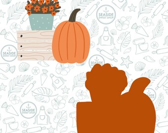 May include: A digital cut file design of a pumpkin with a stem and a leafy top. The pumpkin is orange and the stem is green. The design is on a white background with a pattern of seashells, starfish, and palm leaves.
