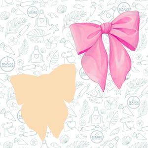 May include: A pink bow with a light peach outline. The bow is on a white background with a pattern of various baking and beach-themed items.