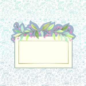 May include: A rectangular label with a gold border and a light cream center, topped with a watercolor floral design of green leaves and pink berries. The background features a repeating pattern of teal baking-themed illustrations and the text "SEASIDE SWEET SHOP".