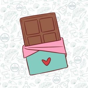 May include: A chocolate bar wrapped in pink and blue paper with a red heart on the front. The chocolate bar is divided into squares and has a brown color.
