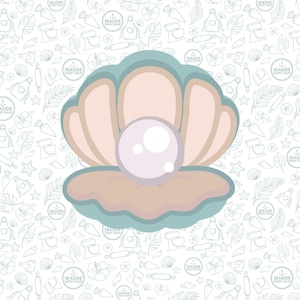 May include: A digital illustration of an open seashell with a pearl. The shell is light blue and tan, with a large, round, white pearl in the center. The background is white with a pattern of baking-related icons and the text "SEASIDE SWEET SHOP".