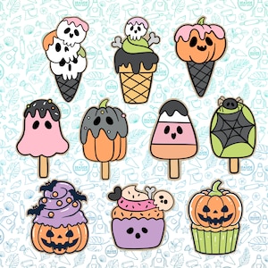 May include: A collection of Halloween-themed stickers featuring various spooky treats. Designs include ice cream cones, popsicles, and cupcakes decorated with skulls, pumpkins, bats, and spiderwebs. The stickers are in a cartoon style with bright colors and bold outlines.