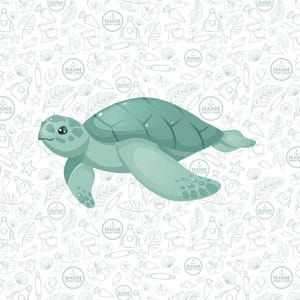 Puede incluir: Ilustración de una tortuga marina verde claro sobre un fondo blanco con un patrón repetido de dibujos lineales con temática de repostería y el texto "SEASIDE SWEET SHOP". La tortuga está nadando, con sus aletas extendidas.