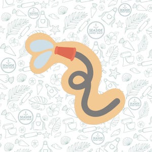 May include: A tan-colored cookie cutter in the shape of a garden hose with water spraying from the nozzle. The nozzle is red, and the hose is gray. The background is white with light blue line drawings of baking tools and the text "SEASIDE SWEET SHOP".