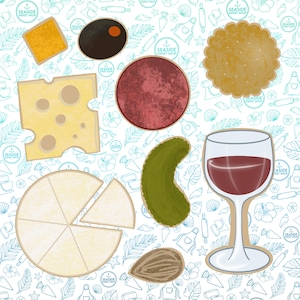 May include: A colourful illustration featuring cheese, salami, a pickle, an olive, a cracker, and a glass of red wine. The background has a repeating pattern with the text "SEASIDE SWEET SHOP".