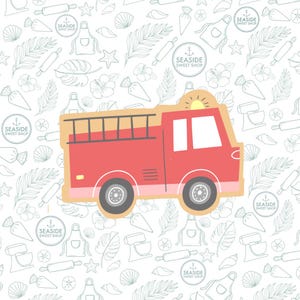 May include: A red fire truck cookie cutter with a yellow light on top. The cookie cutter is on a white background with a pattern of seashells, stars, and other baking-related items.