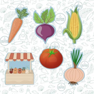 May include: A collection of colorful, cartoon-style illustrations of fresh produce, including a carrot, beet, corn, tomato, and onion. A small market stall is also depicted, along with the text "SEASIDE SWEET SHOP" on several elements, all set against a white background.