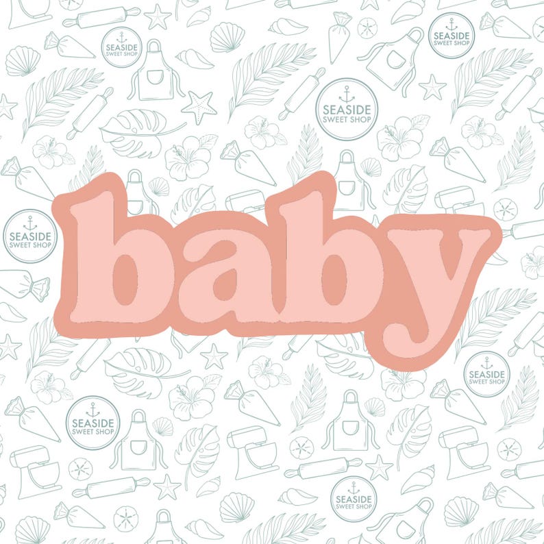 May include: Pink "baby" text on a white background with a pattern of various baking and beach-themed illustrations. The text is in a retro style font.