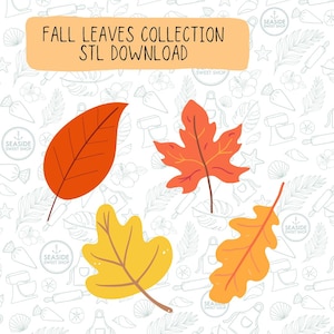 May include: A digital download of four fall leaf designs in orange, red, and yellow. The leaves are in the shape of a maple leaf, oak leaf, and two different types of simple leaves. The text "FALL LEAVES COLLECTION STL DOWNLOAD" is at the top of the image.