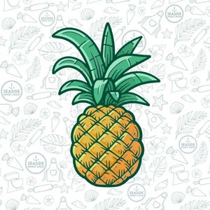 May include: A cartoon illustration of a pineapple with a yellow body and green leaves. The background features a repeating pattern of baking-related items and the text "SEASIDE SWEET SHOP".