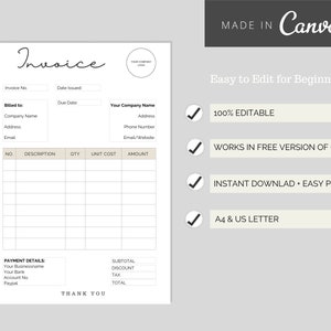 INVOICE TEMPLATE | CANVA | Printable Invoice | 100% Editable | Digital ...