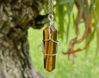 Tigers Eye Crystal Pendant Necklace | Wire Wrapped Tigers Eye Necklace | Tigers Eye Double Terminated Crystal Point Necklace