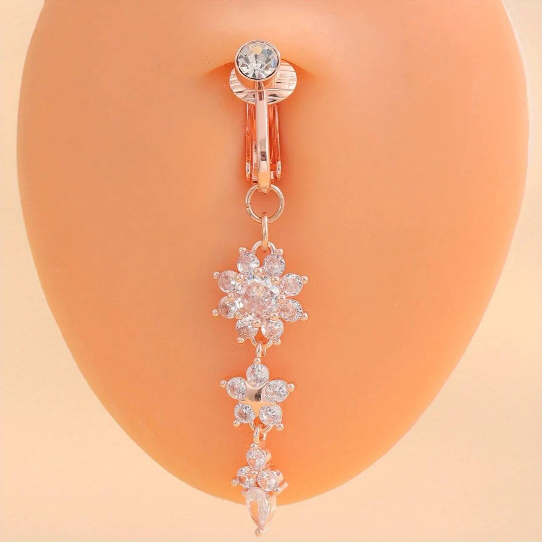 Fake Belly Button Ring Three Flower Long Tassel Pendant Inlaid Etsy UK