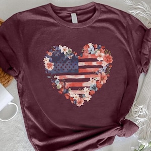 Floral Heart American Flag Shirt, American Flag Heart Shirt, 4th of July Shirt, Women&#39;s American Flag Shirt, Patriotic Shirt For Women