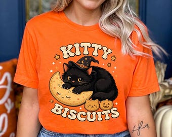 Kitty Biscuits Halloween Shirt, Cute Black Cat Witch Graphic Tee