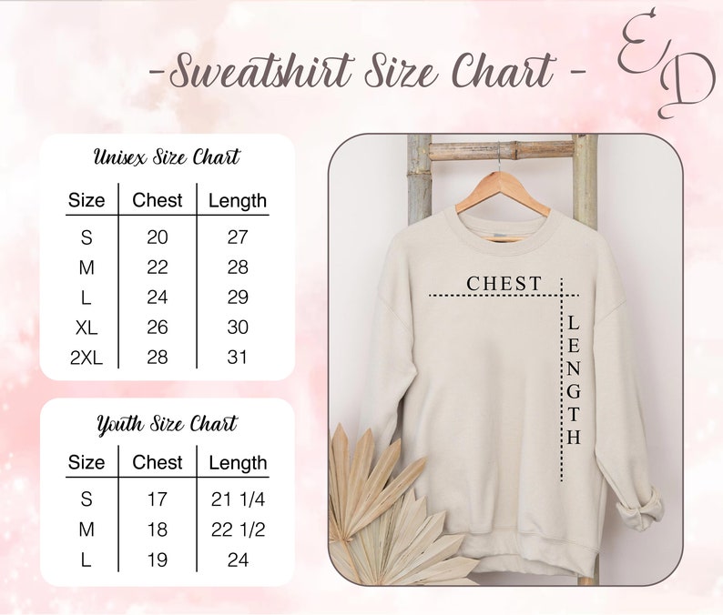 Puede incluir: Una tabla de tallas para sudaderas, que muestra las medidas para tallas unisex y para j&oacute;venes. La tabla incluye las medidas de pecho y longitud en pulgadas.