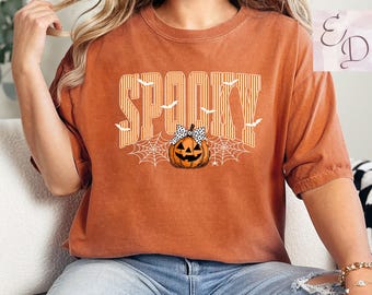 Spooky Pumpkin Graphic Tee, Comfort Colors Halloween Cobweb Bats Clothing