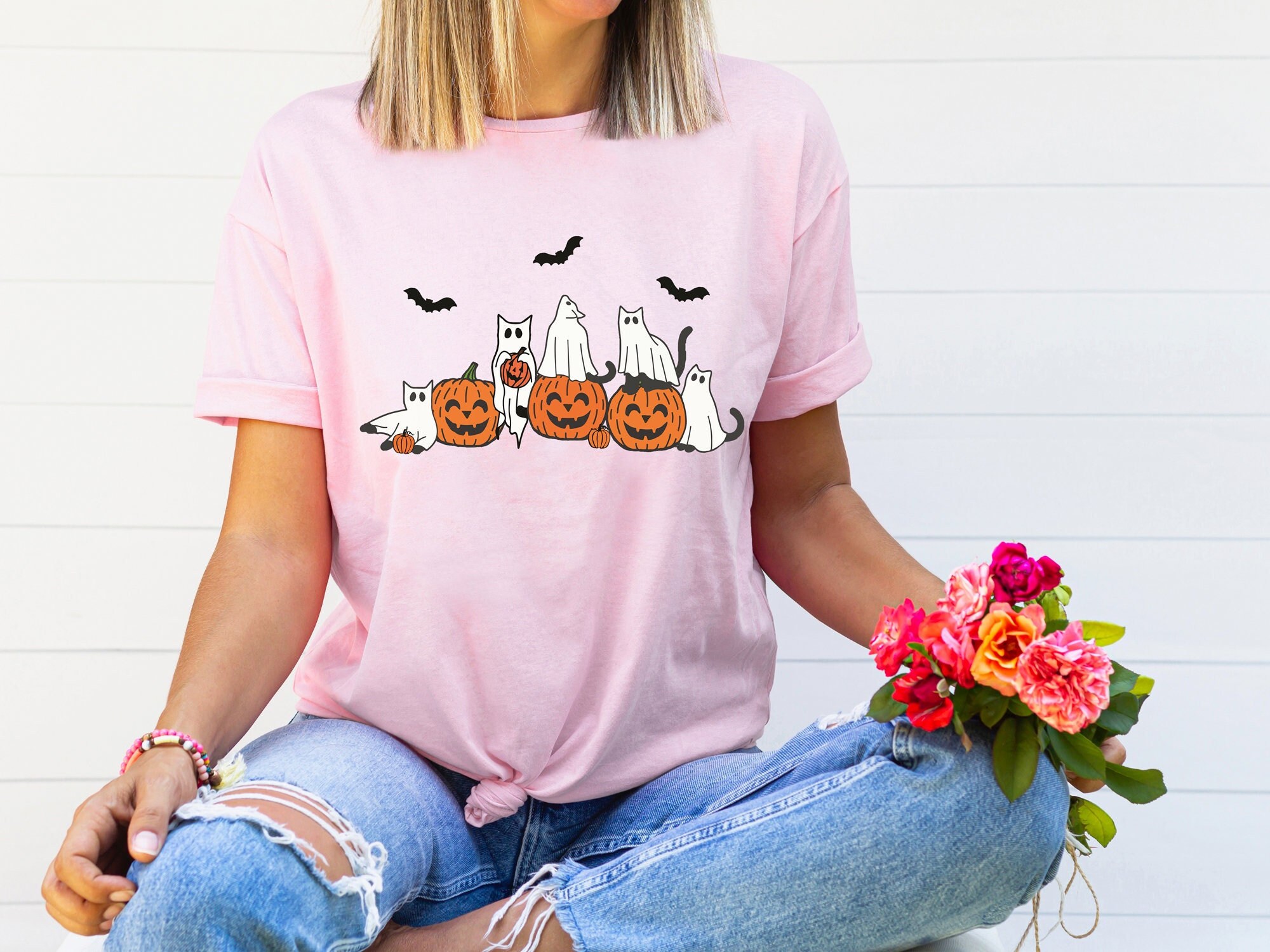 Cute Ghost Black Cats Halloween Shirt, Ghost Cat Halloween T-shirt, Spooky Season Shirt, Cat Lover Gift, Spooky Cat Shirt, Cats Owner Tee
