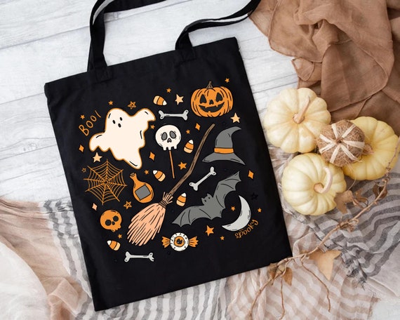 Halloween Doodle Canvas Tote Bag, Spooky Trick or Treat Bag