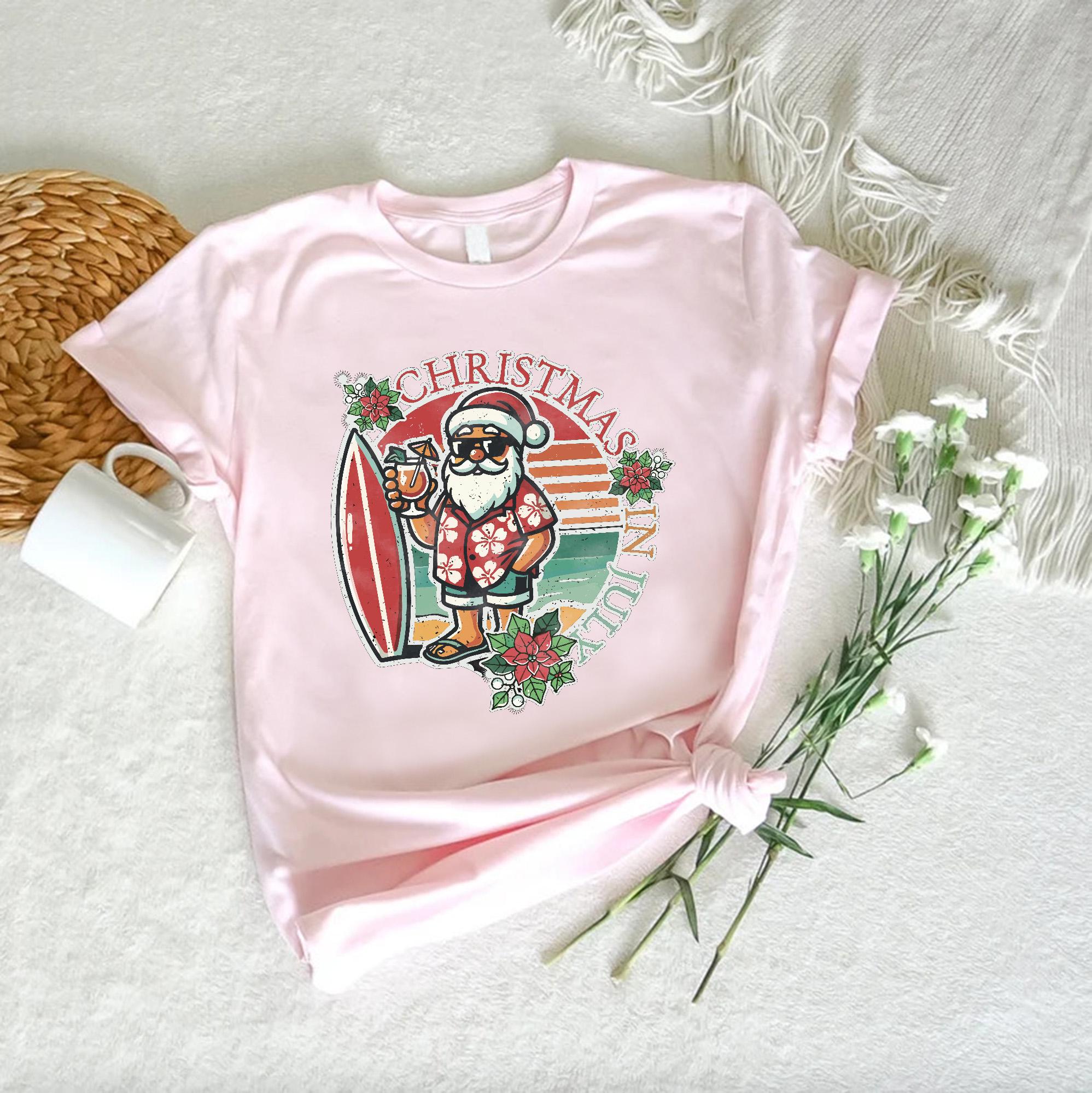 Christmas in July Santa Surfing Tee, Santa Surfing Summer Shirt, Summer Santa T-shirt, Beach Christmas Tee, Tropical Christmas Family Gift