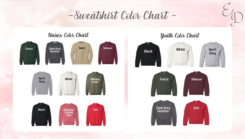 Puede incluir: Carta de colores para sudaderas unisex y juveniles. La carta muestra 18 colores diferentes, incluyendo verde bosque, gris oscuro jaspeado, arena, granate, negro, blanco, gris deportivo, verde militar, rojo y rojo escarlata jaspeado.