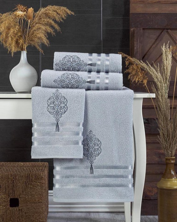 Luxurious, Royal Crest Design, Grey Hand and Body Towel Set, Wedding Gift,  Home Decor