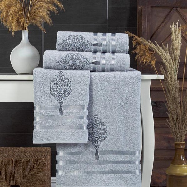 Luxurious, Royal Crest Design, Grey Hand and Body Towel Set, Wedding Gift, Home Decor