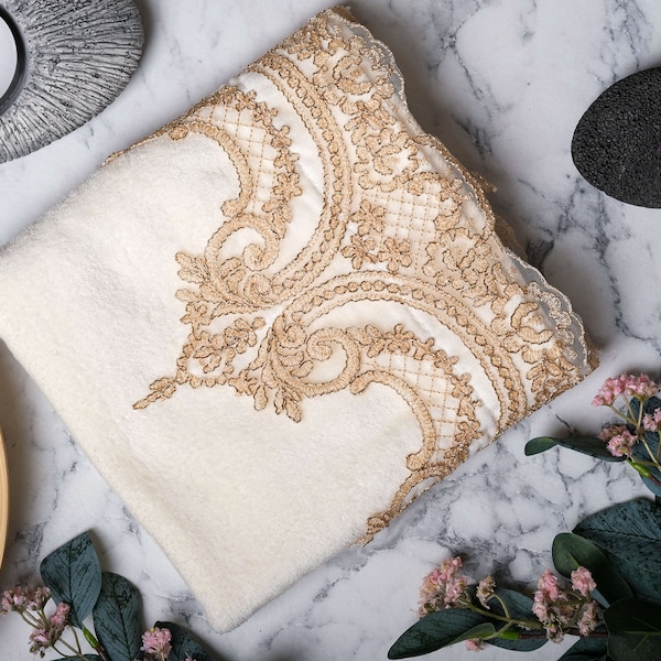 Cream Hand Towel Beige Lace with Gold Trim, 4 Piece Hand Towel, Wedding Gift, Home Decor, Turkish Towel, Guest Towel