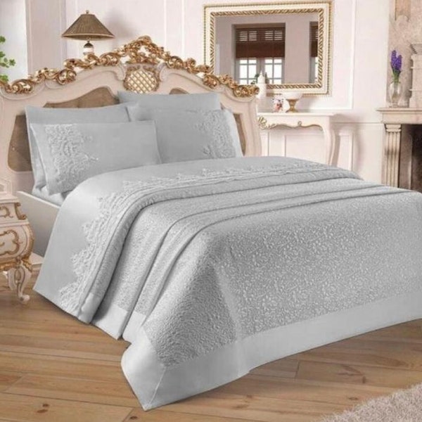 Luxurious Grey French Laced Bedspread Set 6 Piece