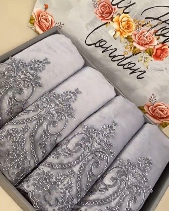 Stunning Velvet Cotton Grey Hand Towels With Grey Lace New Etsy