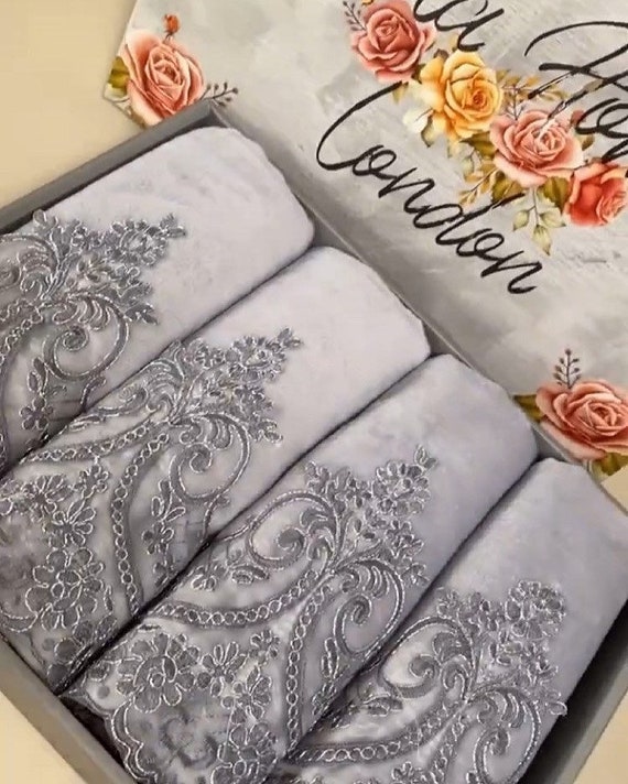 Stunning Velvet Cotton Grey Hand Towels With Grey Lace, New Home